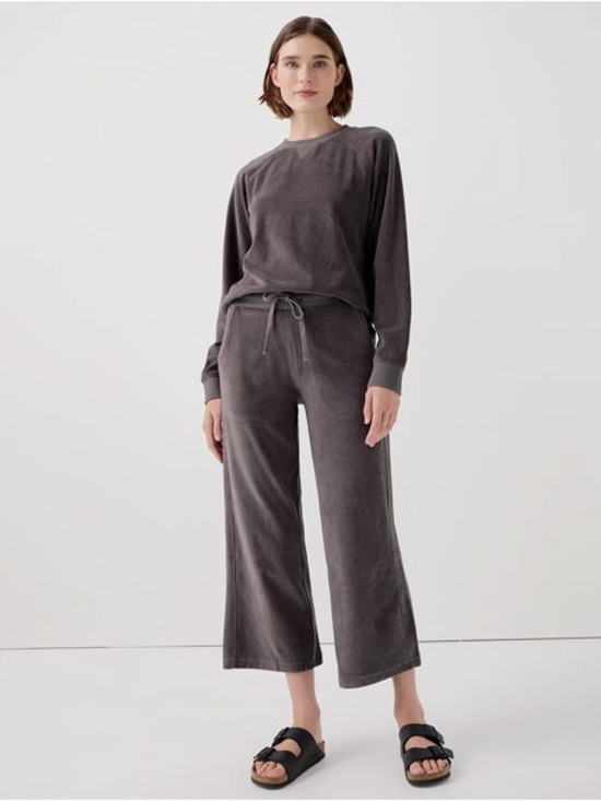Pact Pants - Pact women’s cotton velour wide leg crop pants graphite tan pull on drawstring